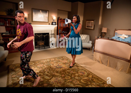 First Lady Michelle Obama tapes a skit with Jimmy Kimmel prior to their interview for Jimmy Kimmel Live! at the El Capitan Theatre October 25, 2012 in Los Angeles, CA.