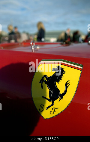 A Ferrari badge on the side of a red supercar at a car show. Stock Photo