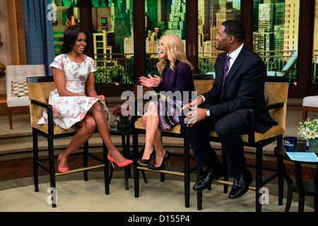 First Lady Michelle Obama participates in a taping with Kelly Ripa and Michael Strahan for Live! with Kelly and Michael at the Live with Kelly Studios October 17, 2012 in New York, N.Y.