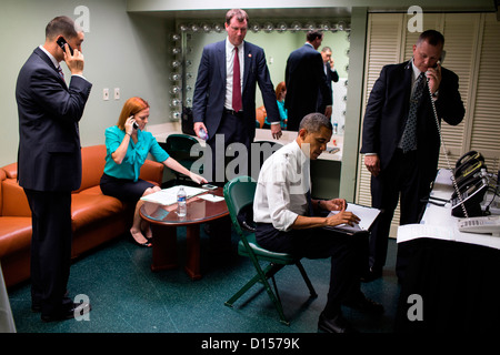 US President Barack Obama prepares for an interview at the University of Miami October 11, 2012 in Miami, FL. Stock Photo