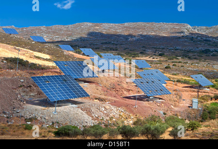 Solar panels unit at Crete island of Greece. Area of Zakros mountains. Stock Photo