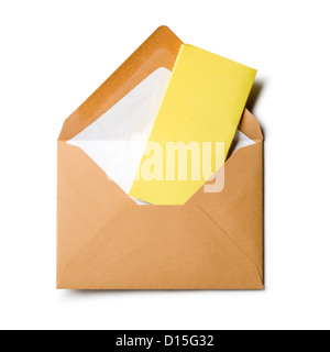 Open envelope with yellow notepad on white background, clipping path included Stock Photo