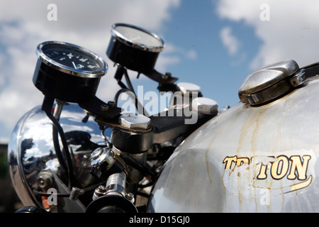 The handlebars and dials of a classic British motorbike. Stock Photo