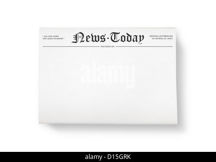 A stack of newspapers with headline 'News Today' and blank space for information. Top view shot. Isolated on white. Stock Photo