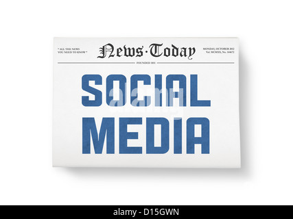 A newspaper with headline 'Social Media'. Top view shot. Isolated on white. Stock Photo