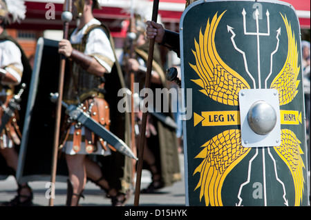 Santander, Spain: Cantabrian wars. Parade recreating the landing of Roman Legions in Cantabria. Detail of Roman shield Stock Photo