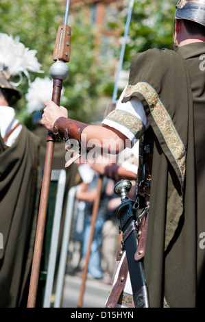 Santander, Spain: Cantabrian wars. Parade recreating the landing of Roman Legions in Cantabria. Detail of pilum or Roman spare Stock Photo