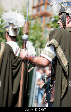 Santander, Spain: Cantabrian wars. Parade recreating the landing of Roman Legions in Cantabria. Detail of pilum or Roman spare Stock Photo