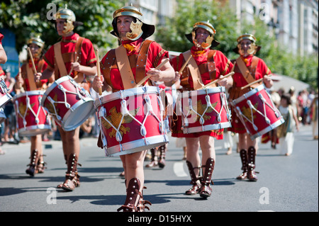 Santander, Spain: Cantabrian wars. Parade recreating the landing of Roman Legions in Cantabria. Legion drummers Stock Photo