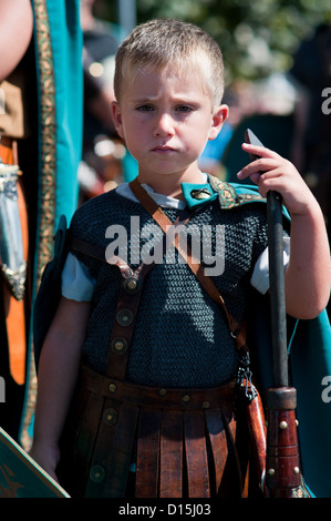 Santander, Spain: Cantabrian wars. Parade recreating the landing of Roman Legions in Cantabria. Kid dressed in Roman disguise Stock Photo