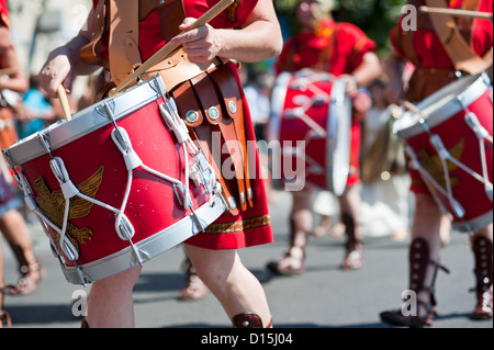 Santander, Spain: Cantabrian wars. Parade recreating the landing of Roman Legions in Cantabria. Detail of drummers Stock Photo