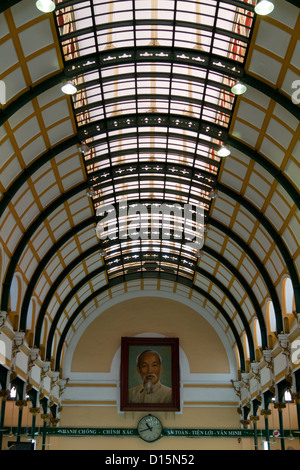 Portrait of Ho Chi Minh inside the main Post Office in Ho Chi Minh City, Vietnam Stock Photo