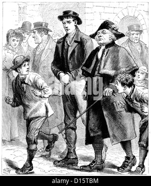 Victorian engraving of a prisoner being taken before the Justices by the Beadle , circa 1815 Stock Photo
