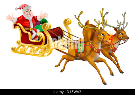 Illustration of Santa Claus in his Christmas sled being pulled by red nosed reindeer Stock Photo