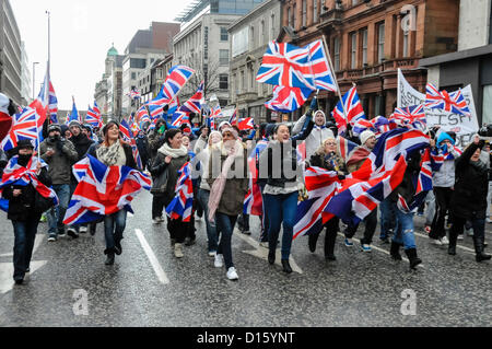 8th December 2012, Belfast, Northern Ireland. A few hundred protesters from the Sandy Row area arrive at Belfast City Hall to protest against the removal of the Union Flag.