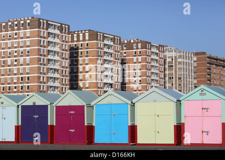 Brightly coloured beach huts along the Promenade at Hove in East Sussex. TV News reader Kate Silverton has has bought a hut. Stock Photo