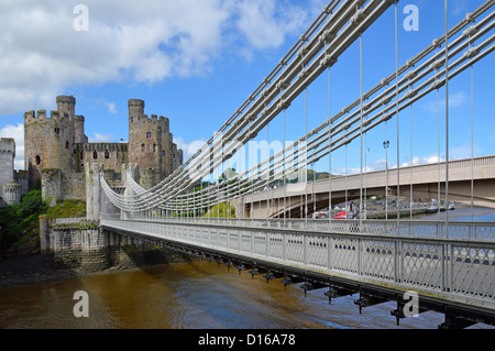 Thomas Telford original Conwy road suspension bridge above the River Conwy now a footpath for pedestrians only North Wales UK Stock Photo