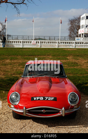 The front of a red E-type Jaguar parked at a classic car show. Stock Photo