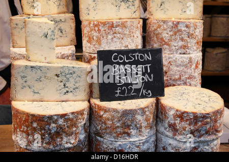 Colston Bassett Stilton cheese on a stall in the U.K. Stock Photo