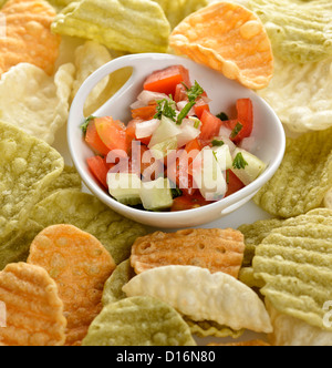 Healthy Vegetable Chips and Homemade Salsa Stock Photo