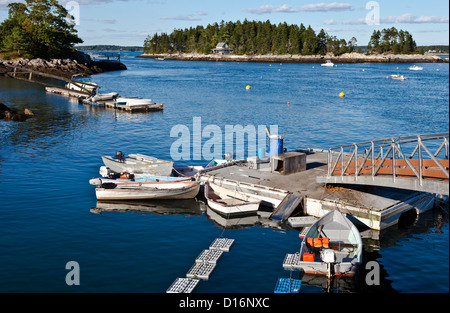 Row boats docked at the wharf in Five Islands, ME Stock Photo