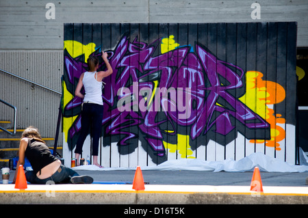 Two young women, students, painting a mural on the outside wall of a College campus, Ontario, Canada. Outdoors. Warm weather. Contemporary theme. Work Stock Photo