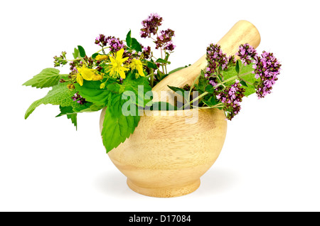 Sprigs of mint, lemon balm, oregano, tutsan, sage leaves in a wooden mortar isolated on white background Stock Photo
