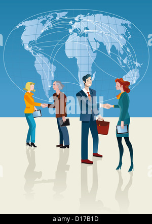 business people shaking hands in front of a big world map with global business communication lines. Stock Photo