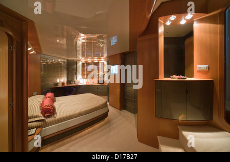Italy, Baia (Naples), Atlantica luxury yacht (boatyard: Cantieri di Baia), master bedroom Stock Photo