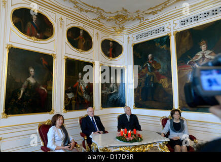 Czech president Vaclav Klaus (second from right) with his wife Livia Klausova (left), his Slovak counterpart Ivan Gasparovic (second from left) and his wife Silvia Gasparovicova (right) are seen during Gasparovic's visit in Prague, Czech Republic, December 10, 2012. (CTK Photo/Roman Vondrous) Stock Photo