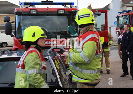 Fire crews arriving at the scene of a simulated fire in a residential tower block in Gravesend.Fire crews put their rescue skills to the test on Monday (10 December) when they took part in a training exercise at one of Gravesend's tallest buildings. Stock Photo