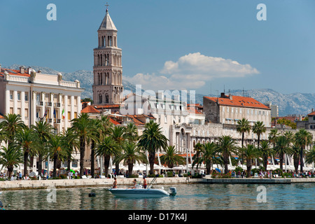 The waterfront promenade and tower of the Cathedral of Saint Domnius in the city of Split in Croatia.