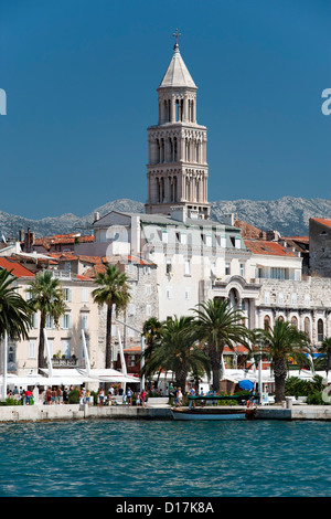 The waterfront promenade and tower of the Cathedral of Saint Domnius in the city of Split in Croatia.