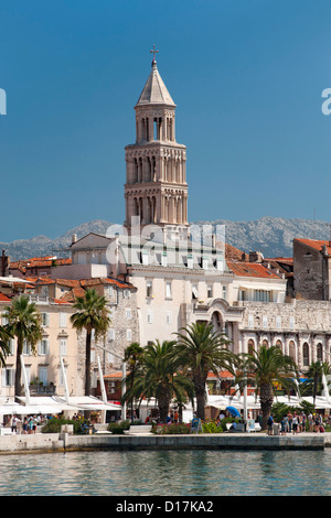 The waterfront promenade and tower of the Cathedral of Saint Domnius in the city of Split in Croatia.