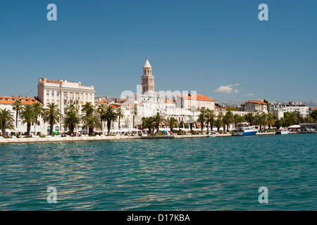 The waterfront promenade and tower of the Cathedral of Saint Domnius in the city of Split in Croatia.