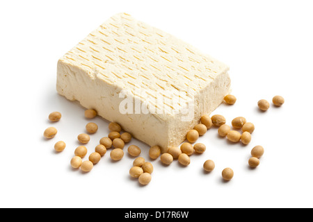 tofu and soy beans on white background Stock Photo