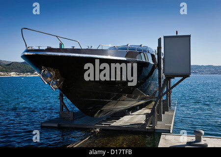 Italy, Baia (Naples), Baia 100 luxury yacht launch (boatyard: Cantieri di Baia) Stock Photo