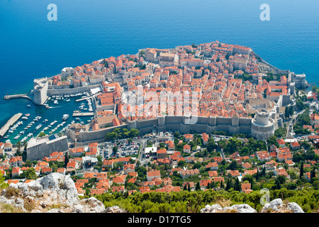 View from Mount Srd of the old town in the city of Dubrovnik on the Adriatic coast of Croatia. Stock Photo