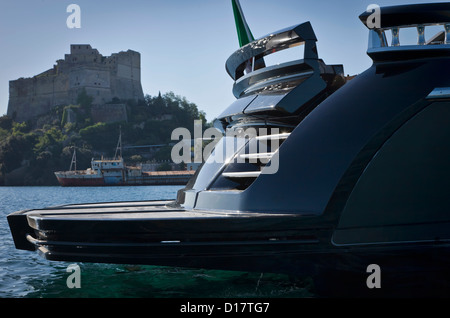 Italy, Baia (Naples), Baia 100 luxury yacht (boatyard: Cantieri di Baia), stern Stock Photo