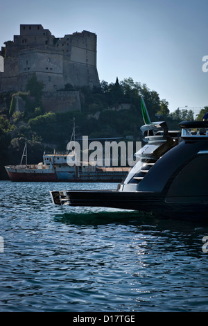 Italy, Baia (Naples), Baia 100 luxury yacht (boatyard: Cantieri di Baia), stern Stock Photo