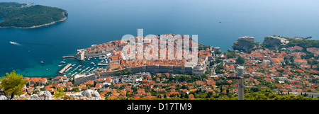 Panoramic view from Mount Srd of the old town in the city of Dubrovnik on the Adriatic coast of Croatia. Stock Photo