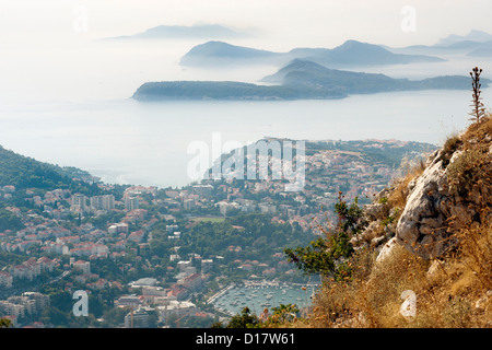View from Mount Srd over part of the city of Dubrovnik and islands in the Adriatic sea in Croatia. Stock Photo