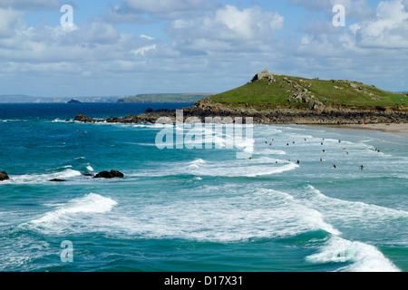 St. Ives Porthmeor beach surfers, Cornwall UK. Stock Photo