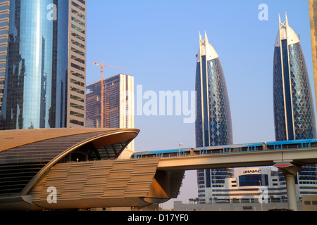 Dubai UAE,United Arab Emirates,Trade Centre,Sheikh Zayed Road,Financial Centre Metro Station,Red Line,subway,train,train,outside exterior,Park Tower 1 Stock Photo
