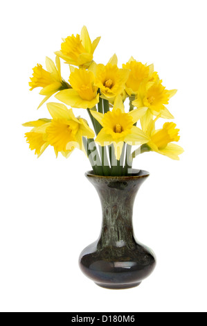 Bunch of daffodils in a vase isolated against white Stock Photo