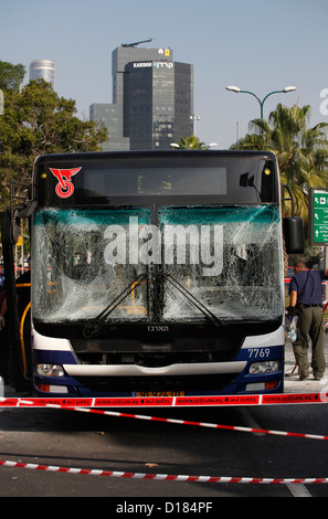 The front of a bus that was targeted in a bombing attack in Tel Aviv on November 21, 2012 carried out by an Israeli citizen of Arab descent, who remotely detonated an explosive device, which he had hid on the bus in advance. Stock Photo