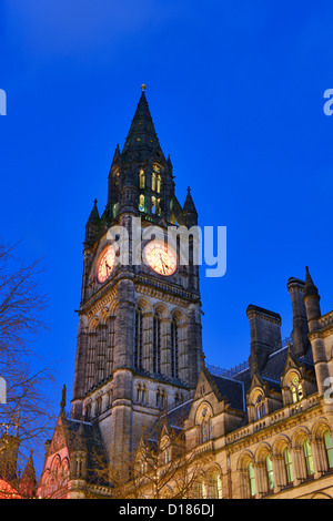 Manchester Town Hall clock tower at night Stock Photo