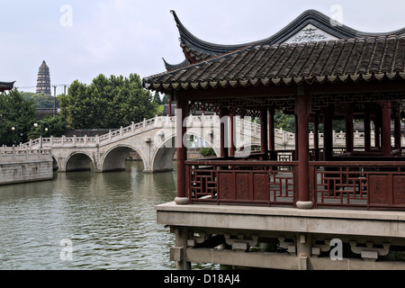 Pavilion along the grand canal in Suzhou, China. Stock Photo