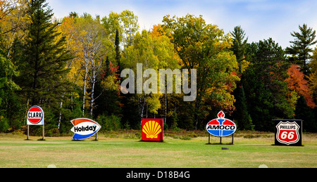 Gas company signs at the Northwoods Petroleum Museum near  the North Woods town of Three Lakes, Wisconsin Stock Photo