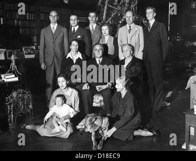 Franklin Roosevelt family on Christmas Day, 1932. President-elect and his family are shown grouped in front of the Christmas Stock Photo